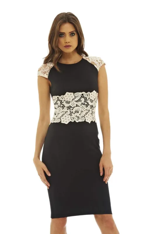 Black/Nude  Midi Dress with Contrast Crochet Detail sold by AX Paris