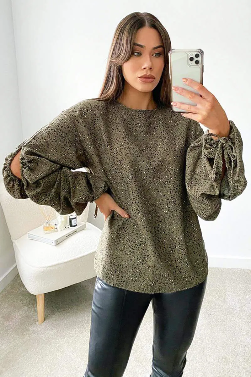 Khaki Printed Gathered Split Sleeve Blouse sold by AX Paris product image thumbnail 3