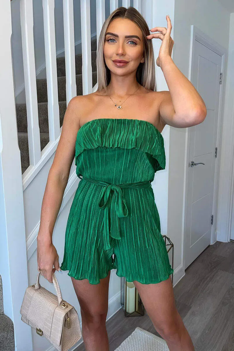 Jade Green Plisse Bardot Playsuit sold by AX Paris