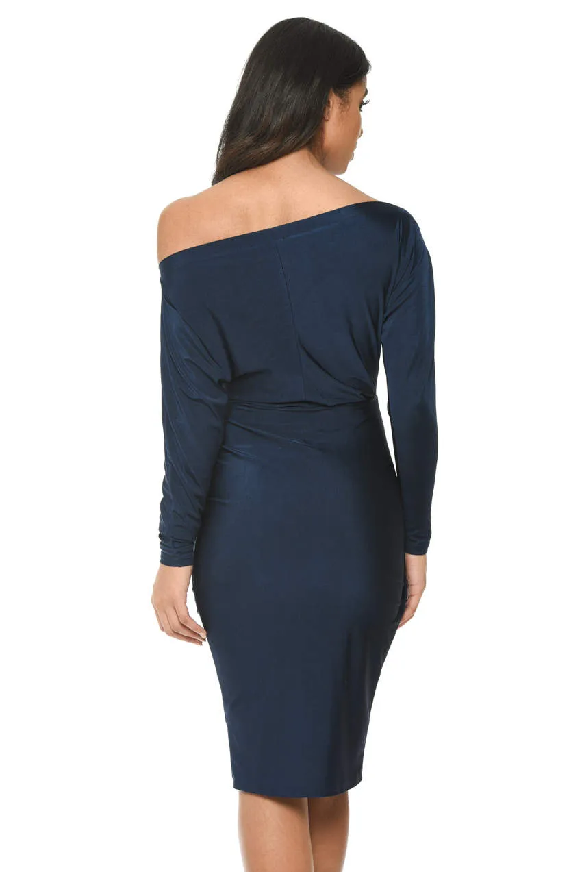 Navy Long Sleeve Stretch Wrap Around Dress sold by AX Paris product image thumbnail 3