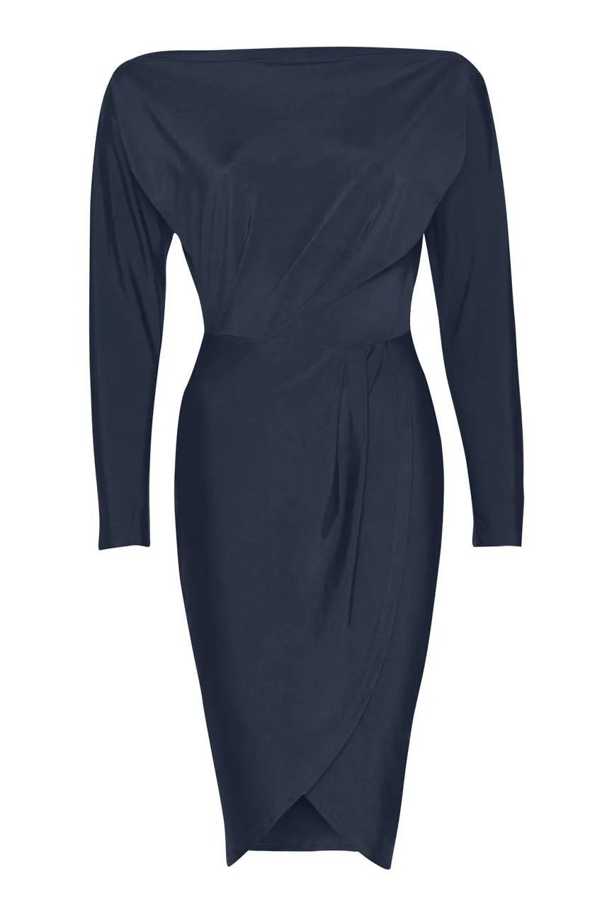 Navy Long Sleeve Stretch Wrap Around Dress sold by AX Paris product image thumbnail 4