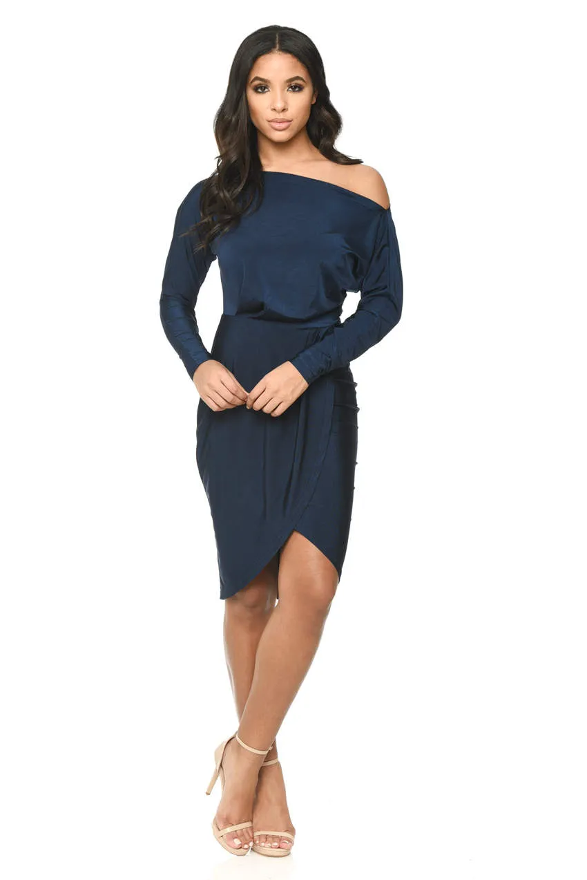 Navy Long Sleeve Stretch Wrap Around Dress sold by AX Paris product image thumbnail 2