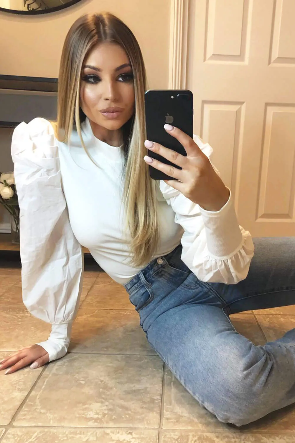 Cream Poplin Sleeve Knitted Top sold by AX Paris