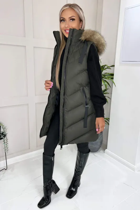 Khaki Faux Fur Hooded Gilet sold by AX Paris