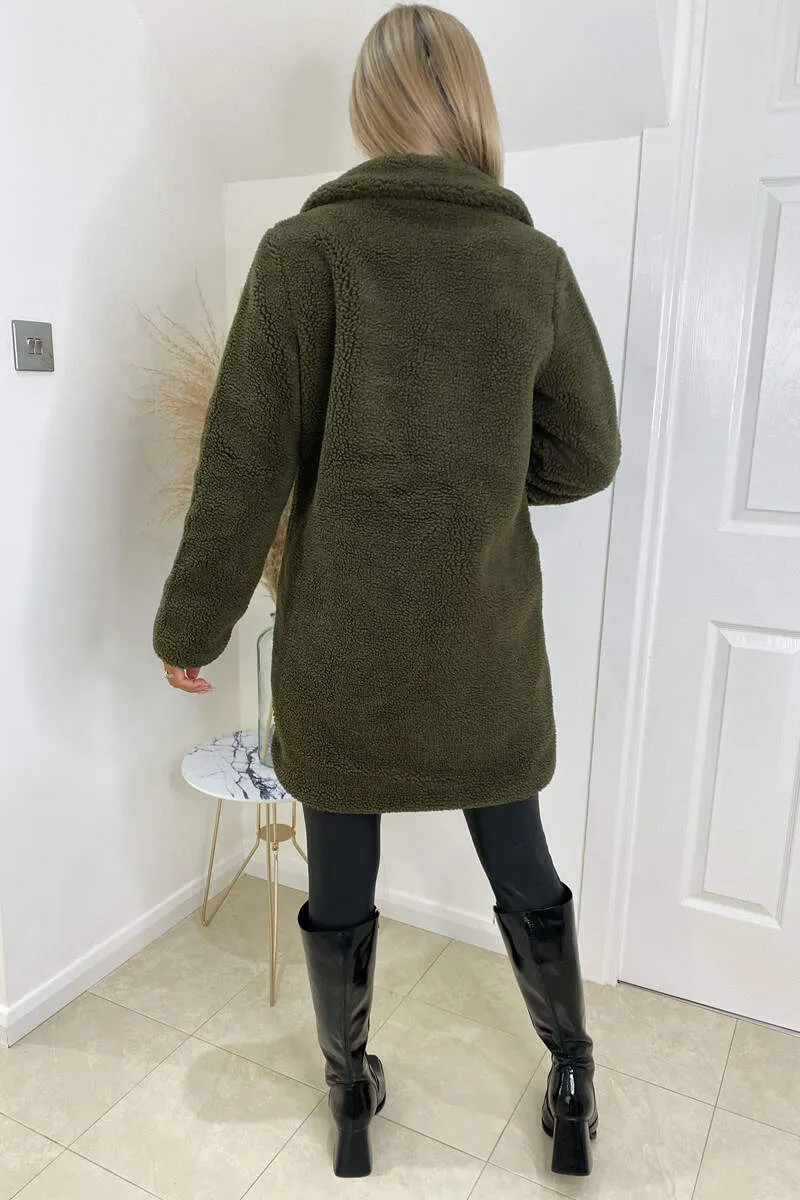 Khaki Teddy Faux Fur Coat With Collar sold by AX Paris product image thumbnail 4