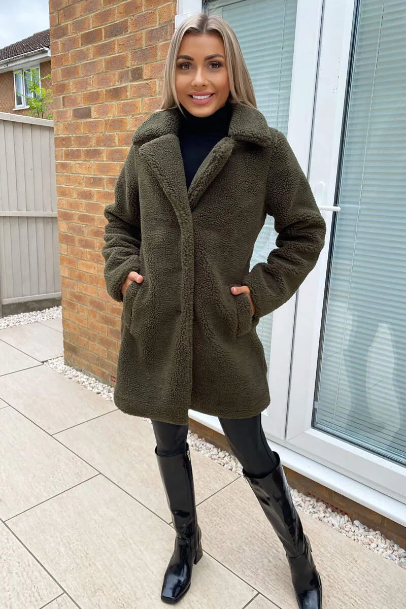 Khaki Teddy Faux Fur Coat With Collar sold by AX Paris product image thumbnail 3