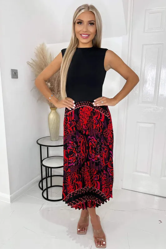 Black And Red Printed 2 in 1 Pleated Skirt Midi Dress sold by AX Paris