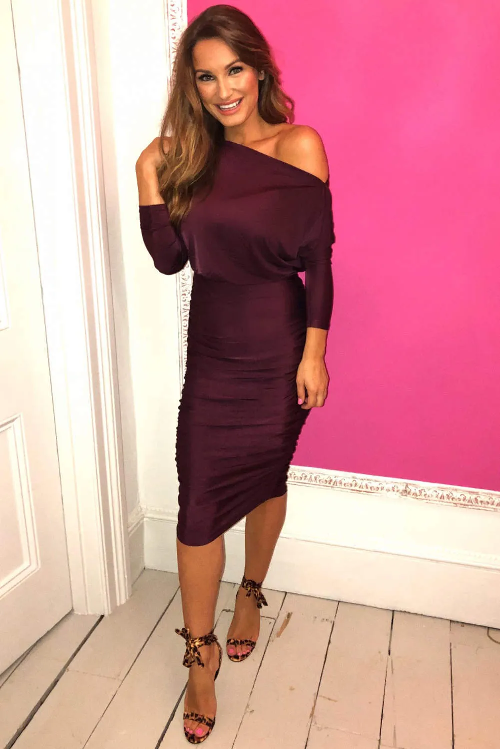 Plum Boat Neck Dress With Ruched Detail sold by AX Paris