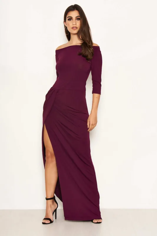 Plum Off The Shoulder Slit Maxi Dress sold by AX Paris
