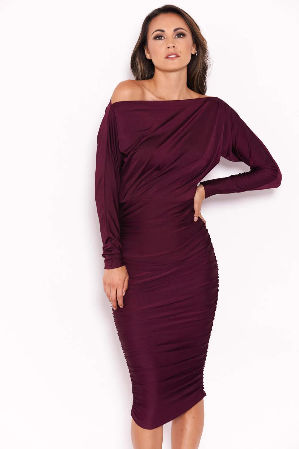 Plum Boat Neck Dress With Ruched Detail sold by AX Paris product image thumbnail 5