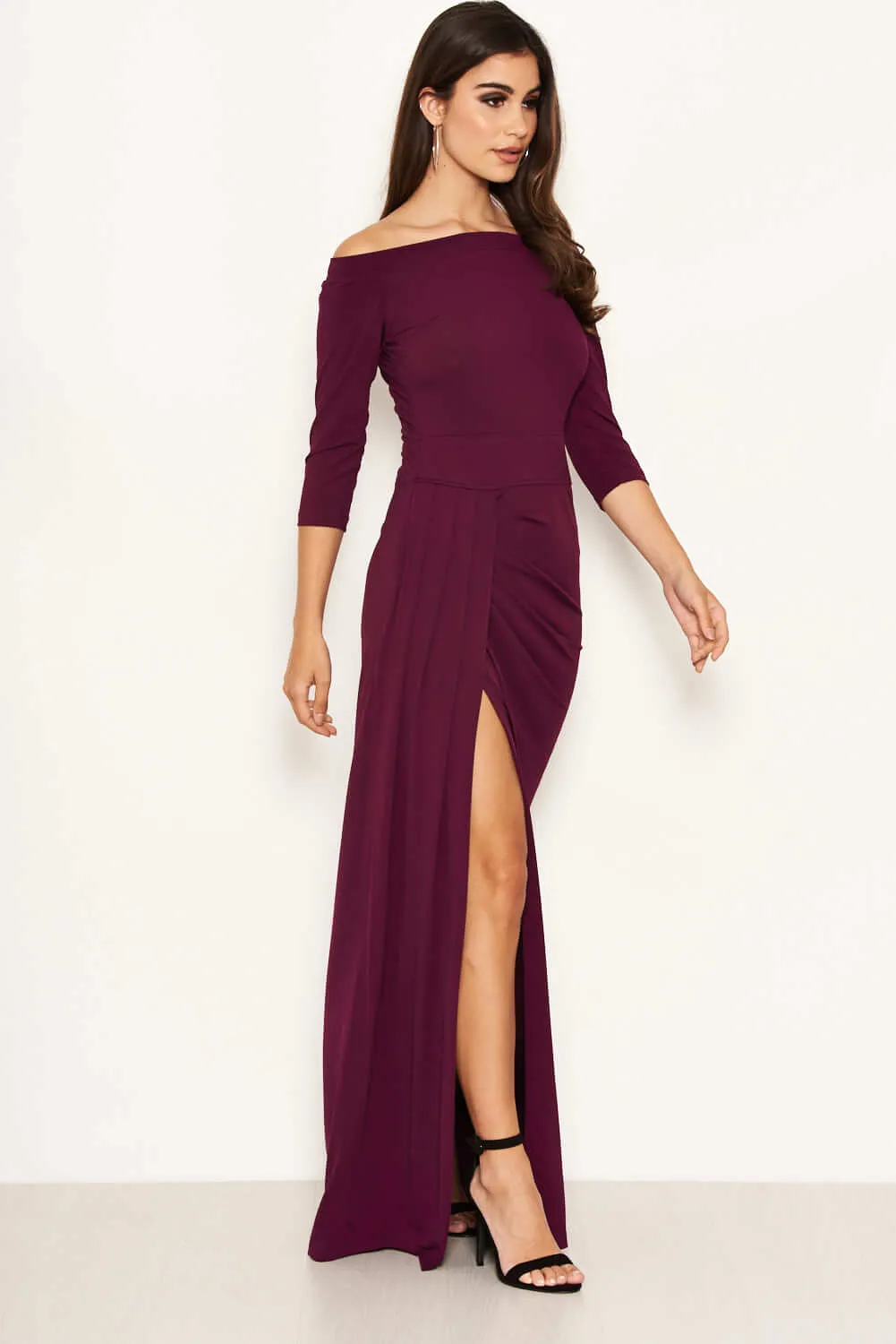 Plum Off The Shoulder Slit Maxi Dress sold by AX Paris product image thumbnail 2