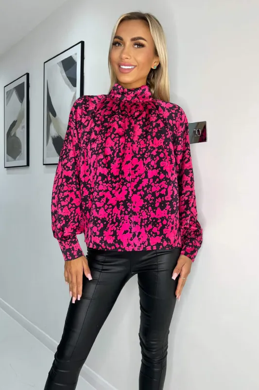 Cerise and Black Print High Neck Long Sleeve Top sold by AX Paris