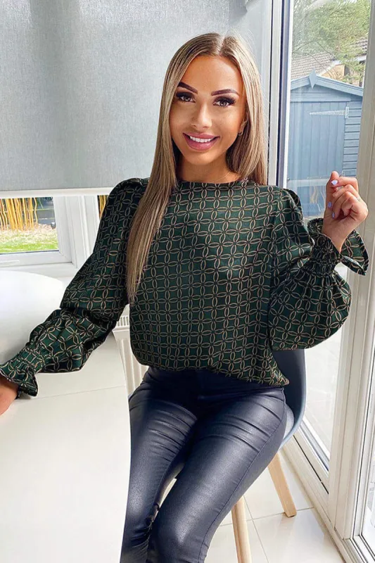 Teal Chain Printed Double Puff Sleeve Top sold by AX Paris