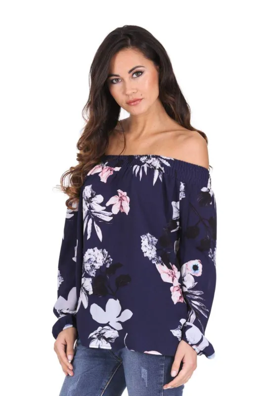 Navy Floral Off The Shoulder Top sold by AX Paris