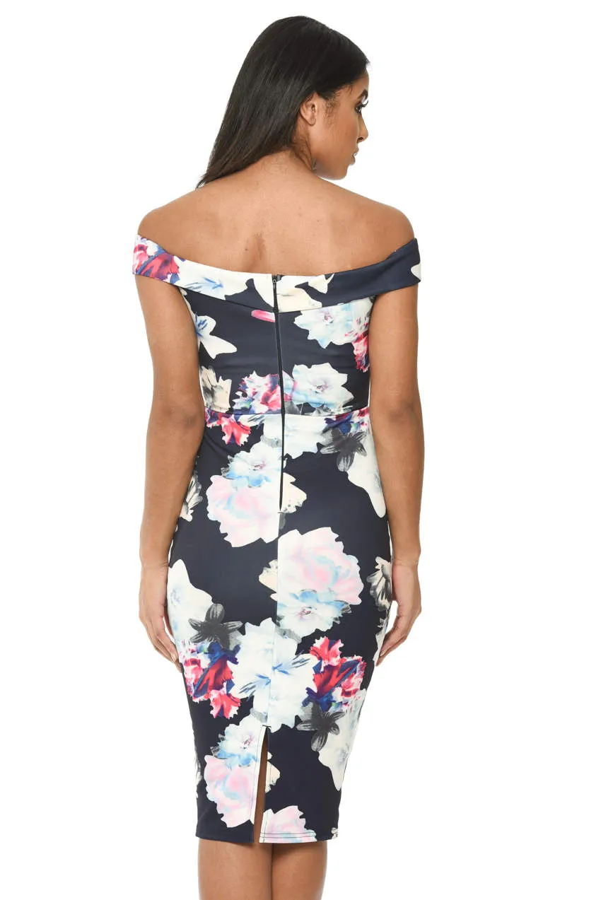 Off The Shoulder Navy Floral Print Bodycon Dress sold by AX Paris product image thumbnail 3
