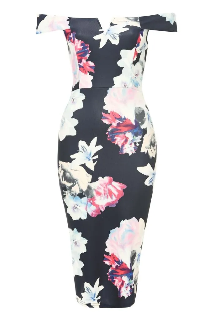 Off The Shoulder Navy Floral Print Bodycon Dress sold by AX Paris product image thumbnail 4