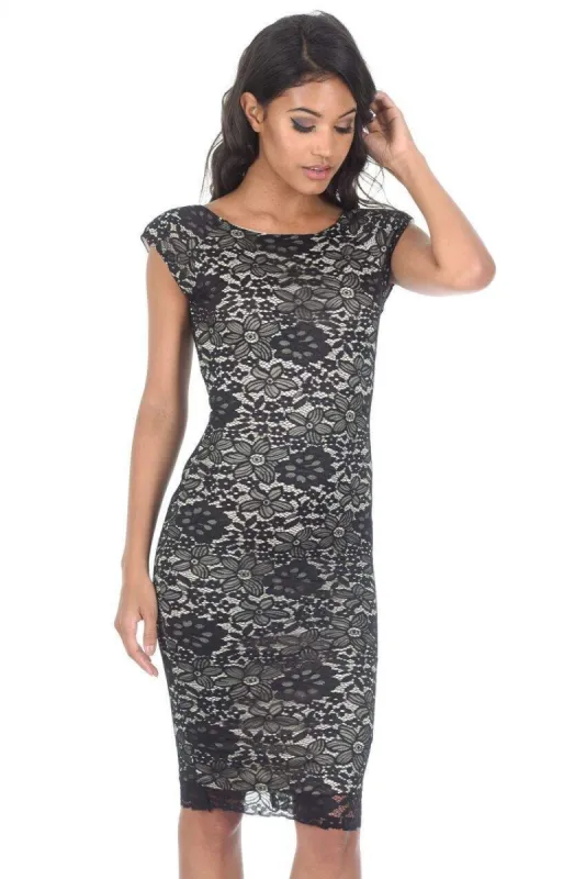 Lace Black/Nude Midi Dress sold by AX Paris