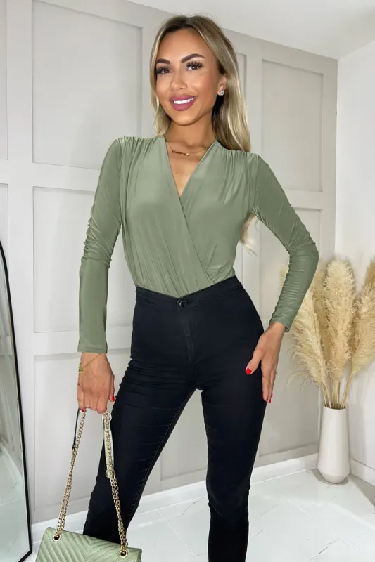 Khaki Wrap Top Long Sleeve Slinky Bodysuit sold by AX Paris