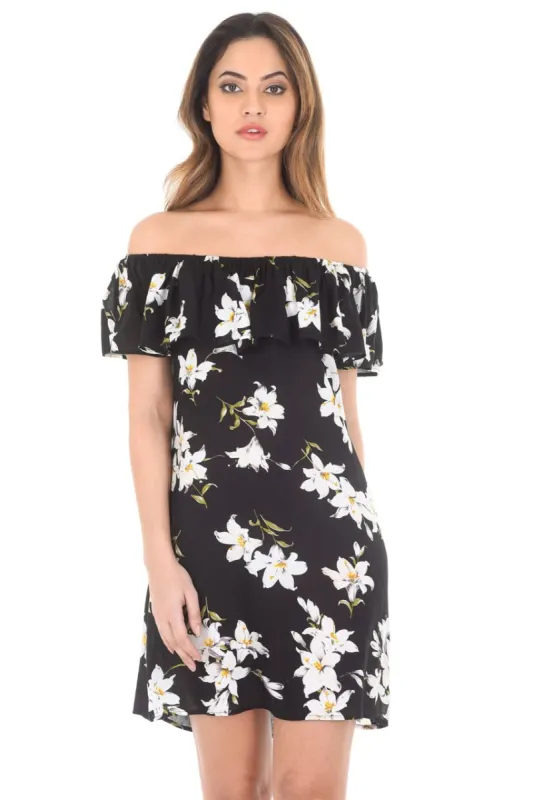 Black Floral Off The Shoulder Printed Dress sold by AX Paris