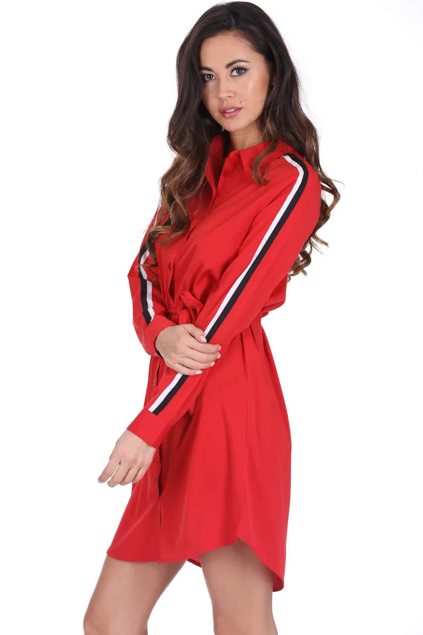 Red Shirt Dress With Stripe Detail And Tie Waist sold by AX Paris