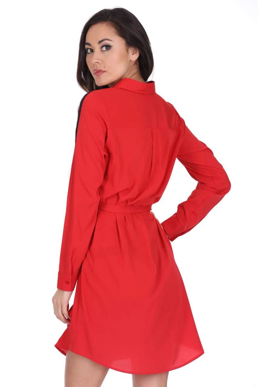 Red Shirt Dress With Stripe Detail And Tie Waist sold by AX Paris product image thumbnail 3