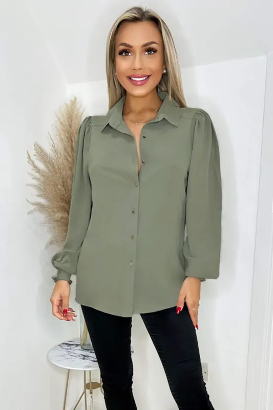 Khaki Gold Button Up Elasticated Cuff Shirt sold by AX Paris