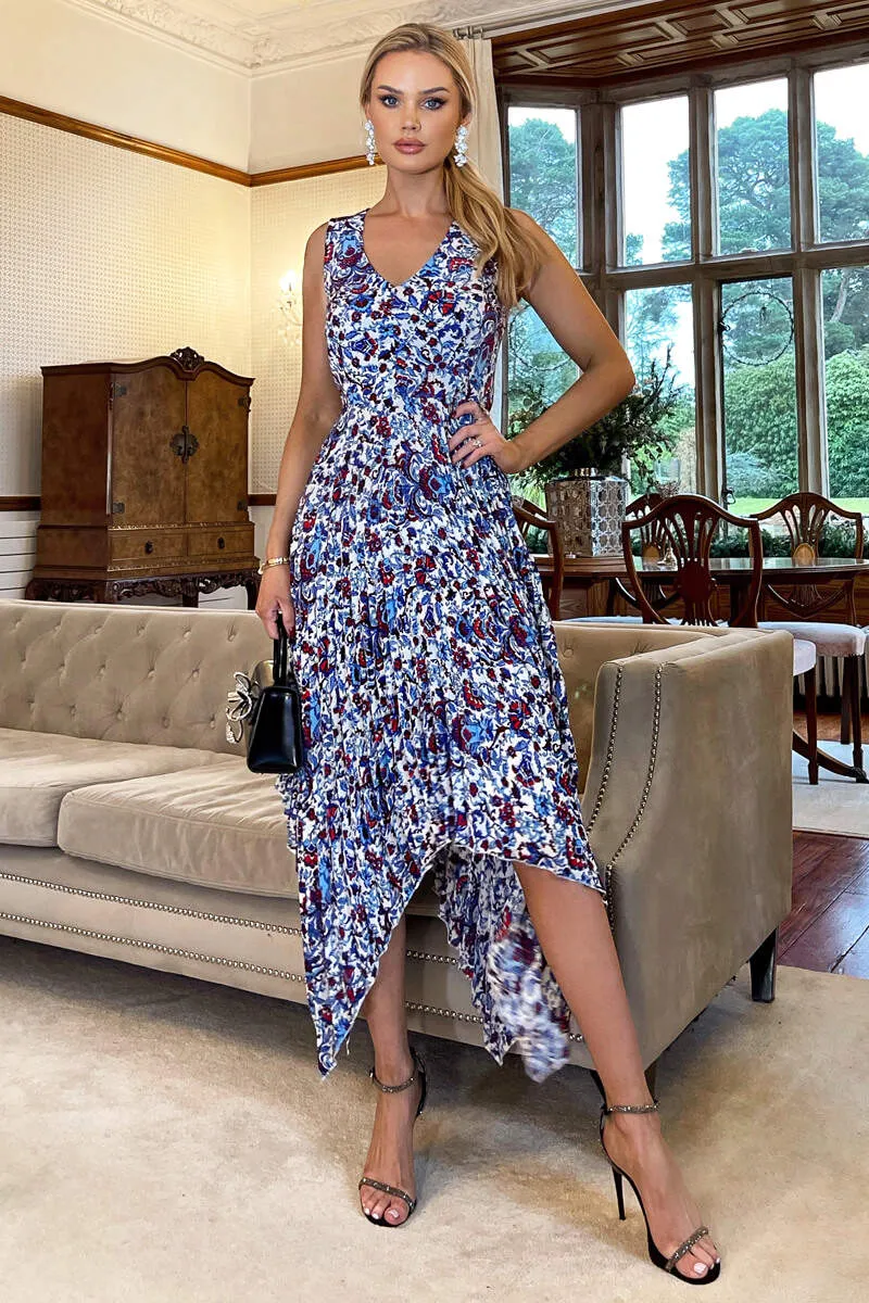Blue And Red Floral Printed V Neck Zig Zag Pleated Midi Dress sold by AX Paris
