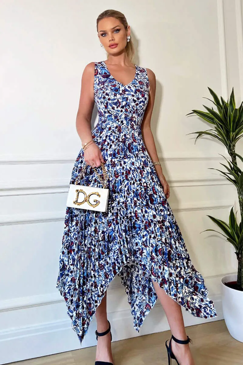 Blue And Red Floral Printed V Neck Zig Zag Pleated Midi Dress sold by AX Paris product image thumbnail 2
