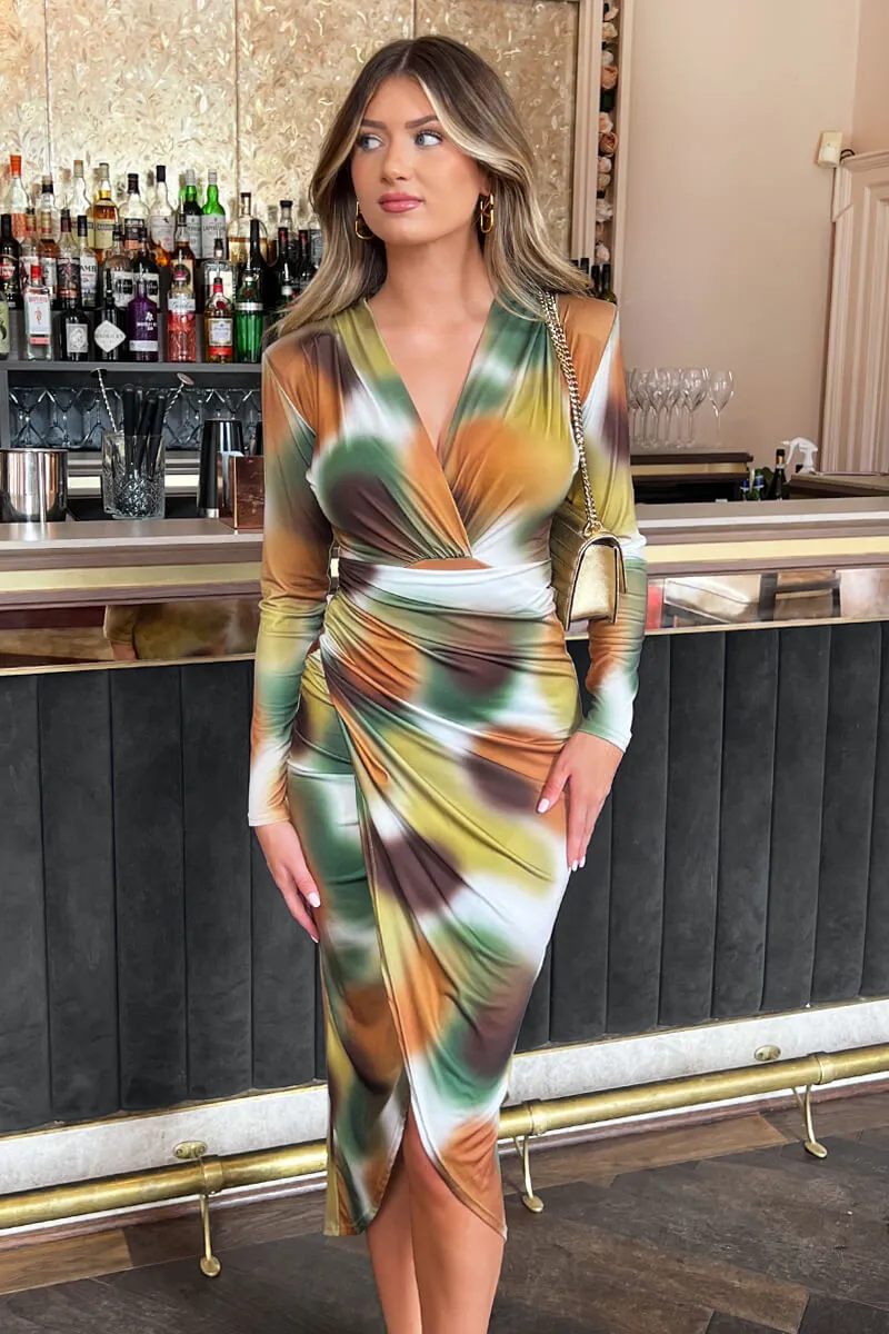 Khaki Printed Long Sleeve Wrap Midi Dress sold by AX Paris product image thumbnail 3
