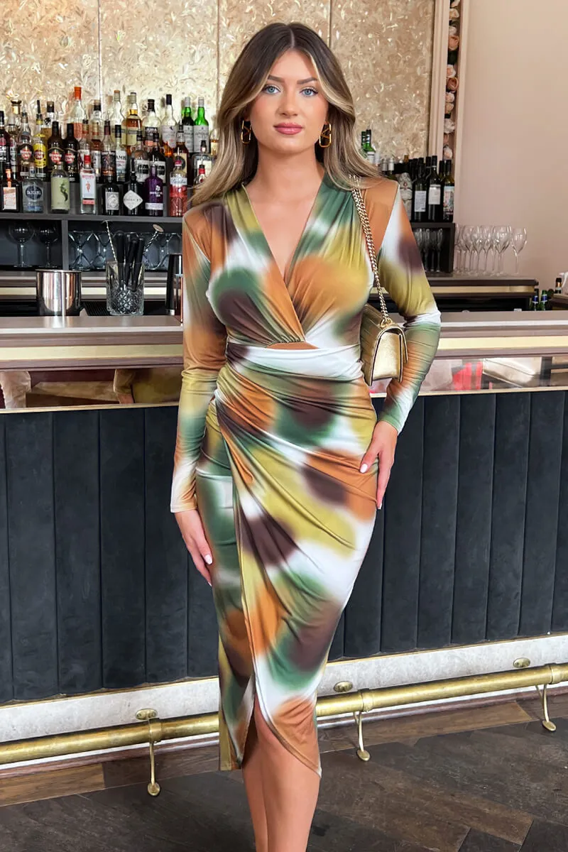 Khaki Printed Long Sleeve Wrap Midi Dress sold by AX Paris