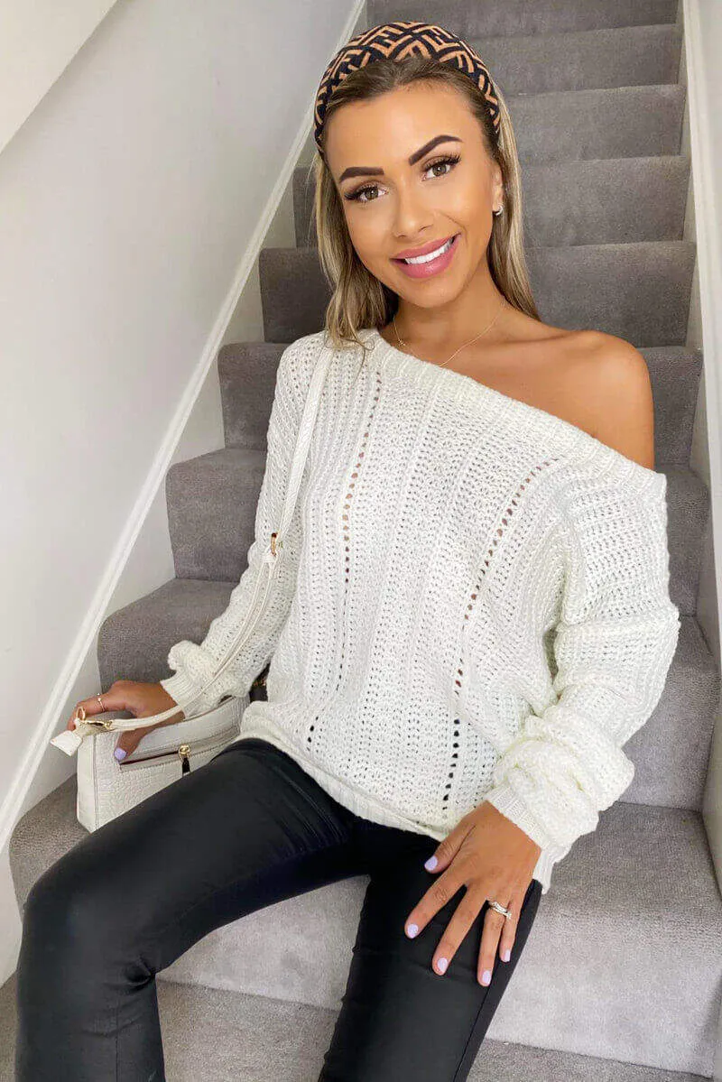Cream Off The Shoulder Chunky Knit Jumper sold by AX Paris
