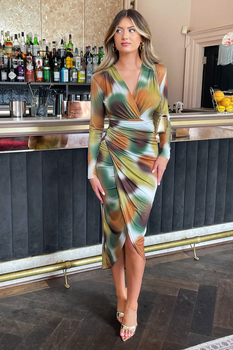Khaki Printed Long Sleeve Wrap Midi Dress sold by AX Paris product image thumbnail 2