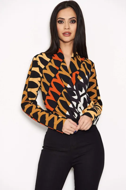 Orange Printed Wrap Bodysuit sold by AX Paris