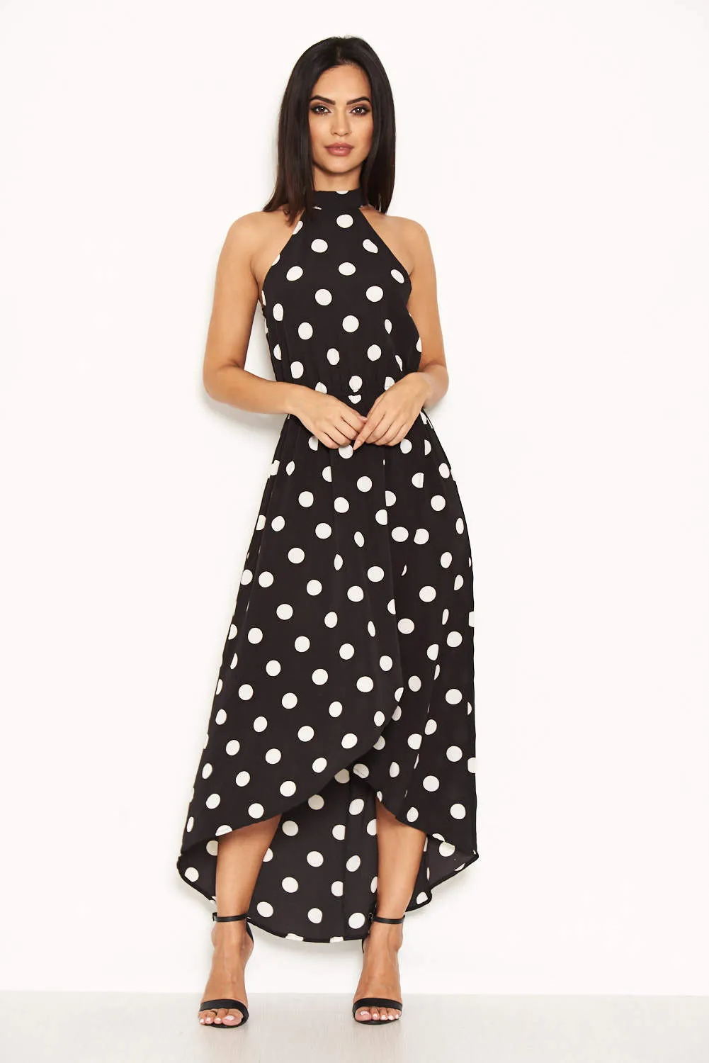Black Polka Dot High Neck Wrap Dress sold by AX Paris
