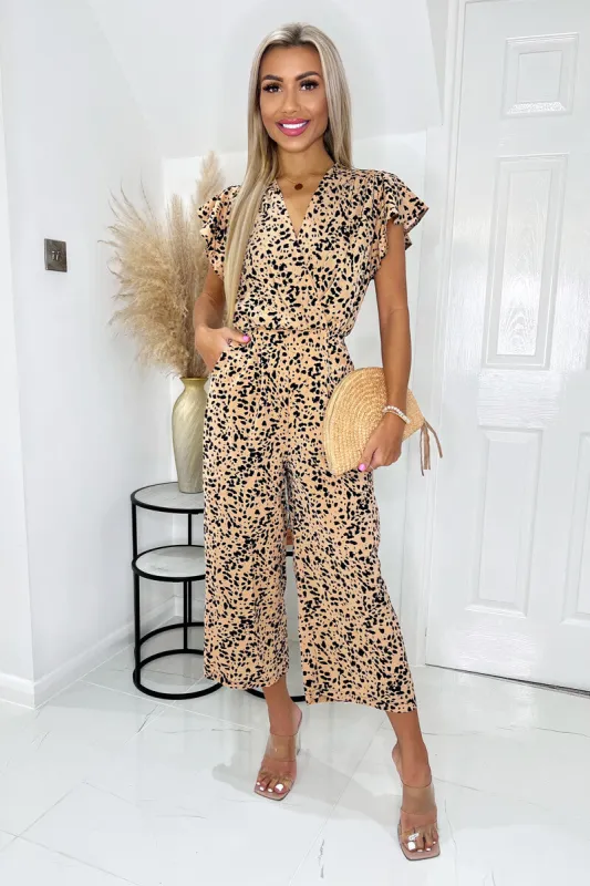 Peach And Black Printed V Neck Frill Sleeve Jumpsuit sold by AX Paris