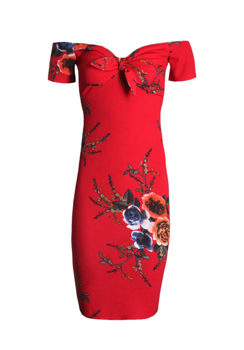 Red Floral Off The Shoulder Midi Dress sold by AX Paris product image thumbnail 4