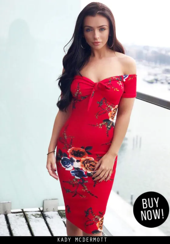 Red Floral Off The Shoulder Midi Dress sold by AX Paris