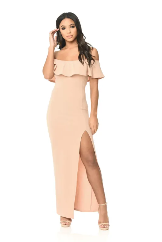 Off The Shoulder Blush Maxi Dress With Frilled Front And Thigh High Split sold by AX Paris