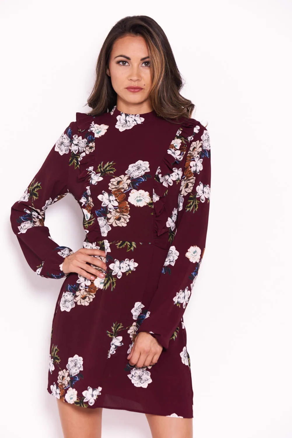 Plum Floral Dress With Frill Detail sold by AX Paris