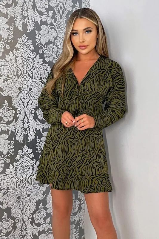 Khaki Animal Print Long Sleeve Mini Skater Dress sold by AX Paris