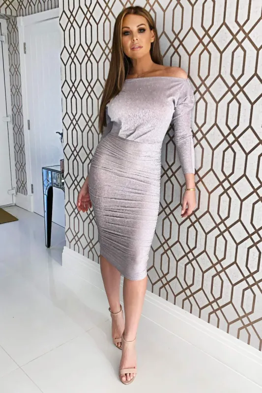 Slash Neck Glitter Ruched Dress sold by AX Paris