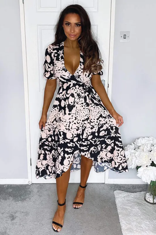 Black Nude Abstract Print Wrap Midi Dress sold by AX Paris