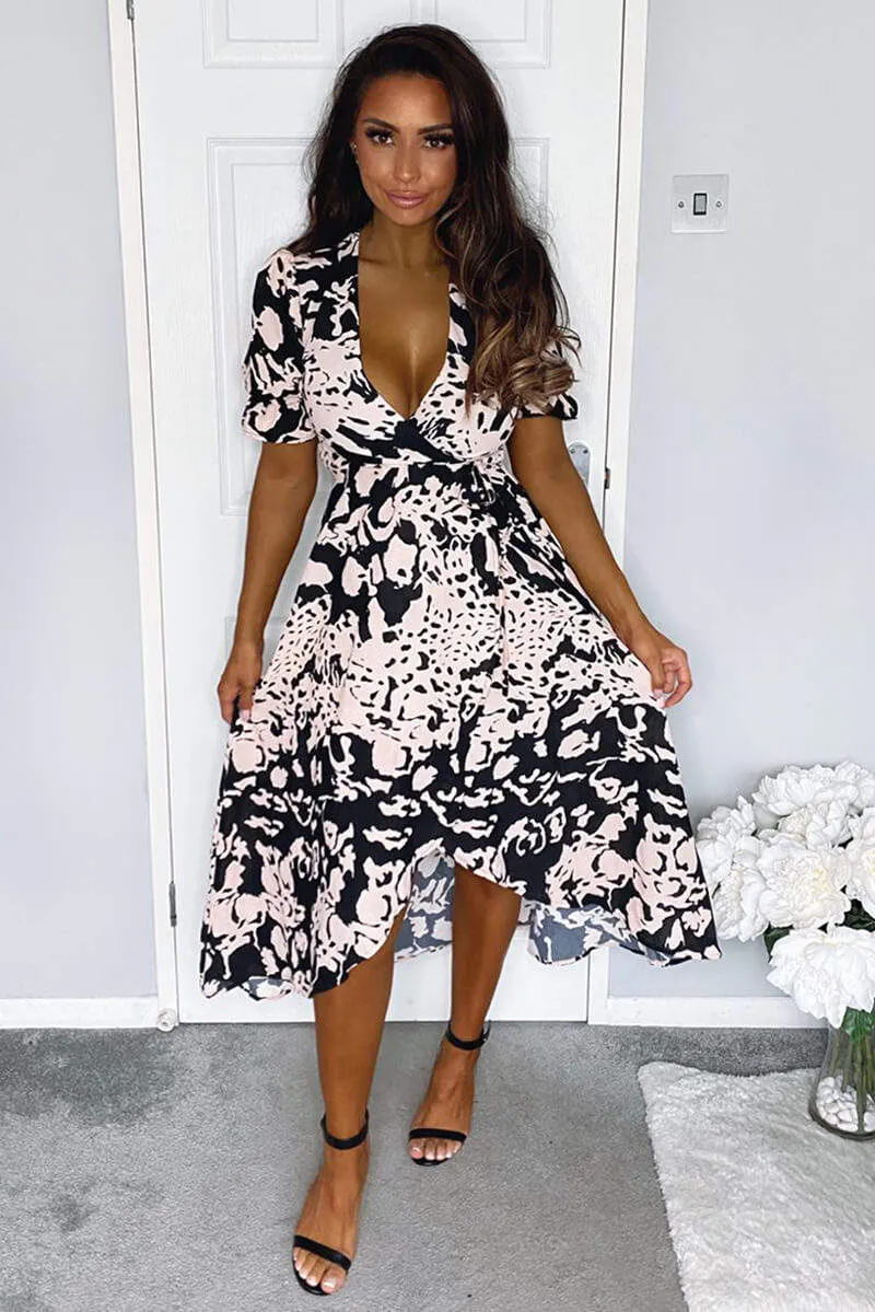 Black Nude Abstract Print Wrap Midi Dress sold by AX Paris