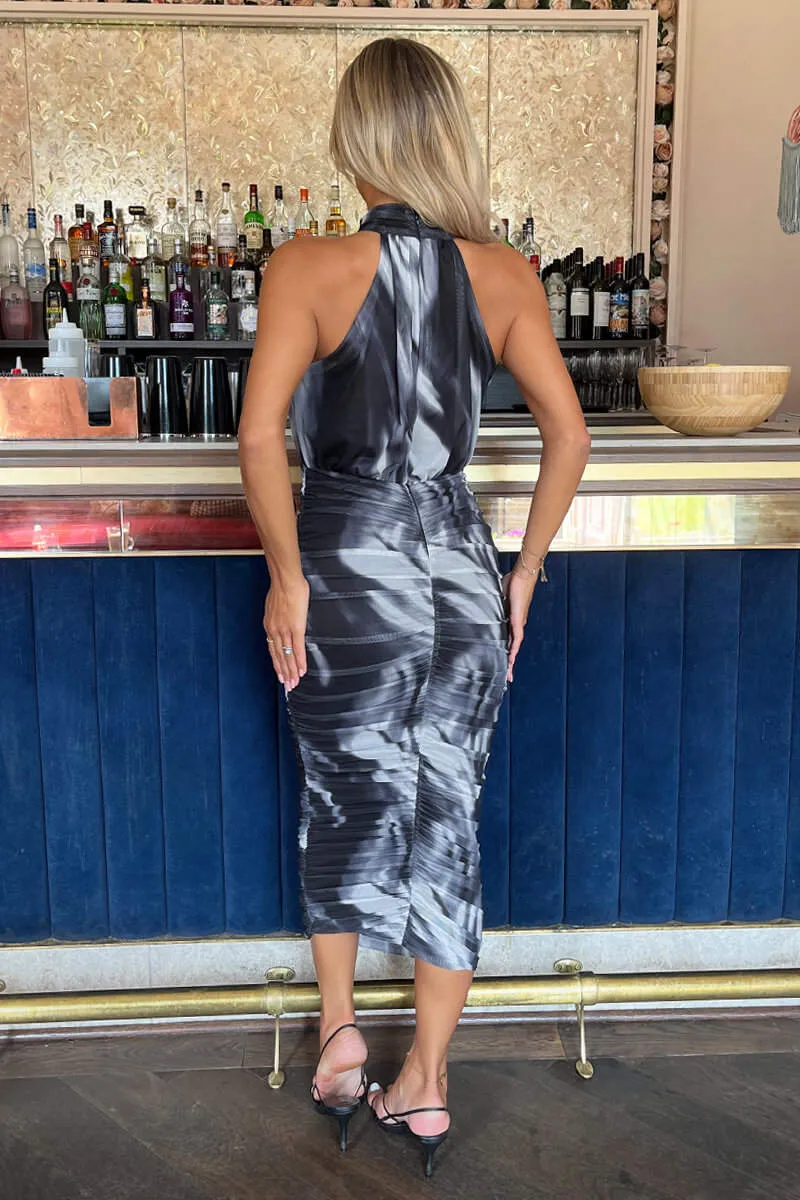 Black And White Marble Print Halter Neck Ruched Mesh Midi Dress sold by AX Paris product image thumbnail 4