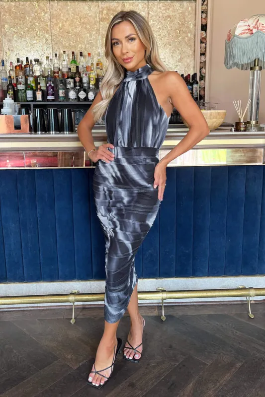 Black And White Marble Print Halter Neck Ruched Mesh Midi Dress sold by AX Paris