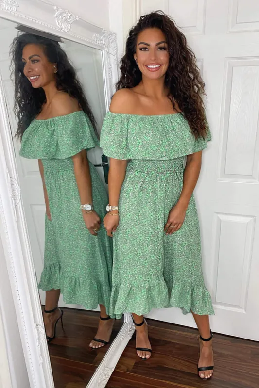 Green Printed Bardot Style Midi Dress sold by AX Paris