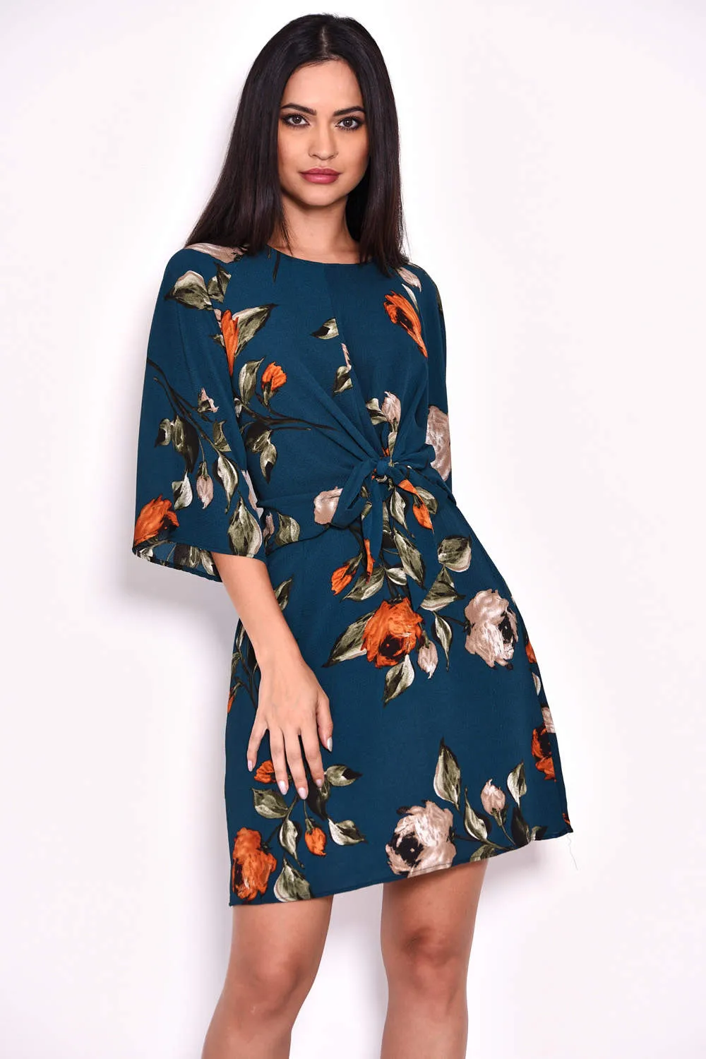 Teal Floral Tie Waist Dress sold by AX Paris