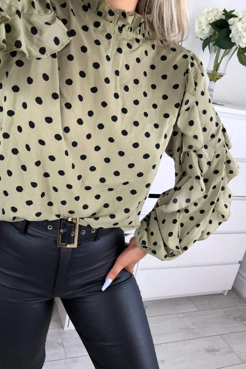 Khaki Polka Dot Frill Sleeve Top sold by AX Paris product image thumbnail 4
