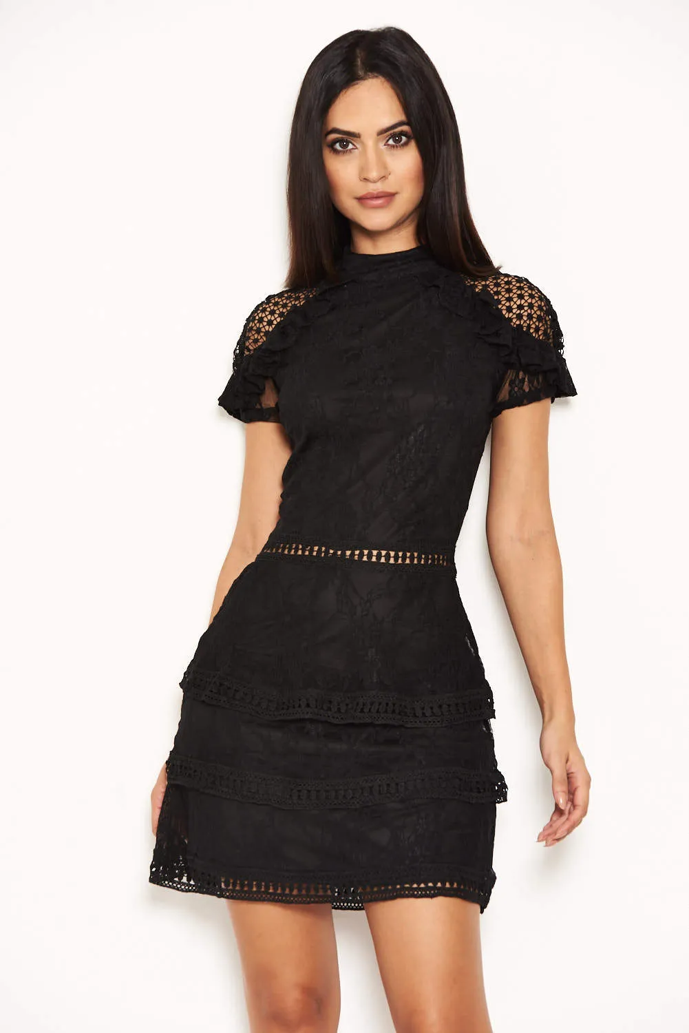 Black High Neck Lace Layer Frill Mini Dress sold by AX Paris