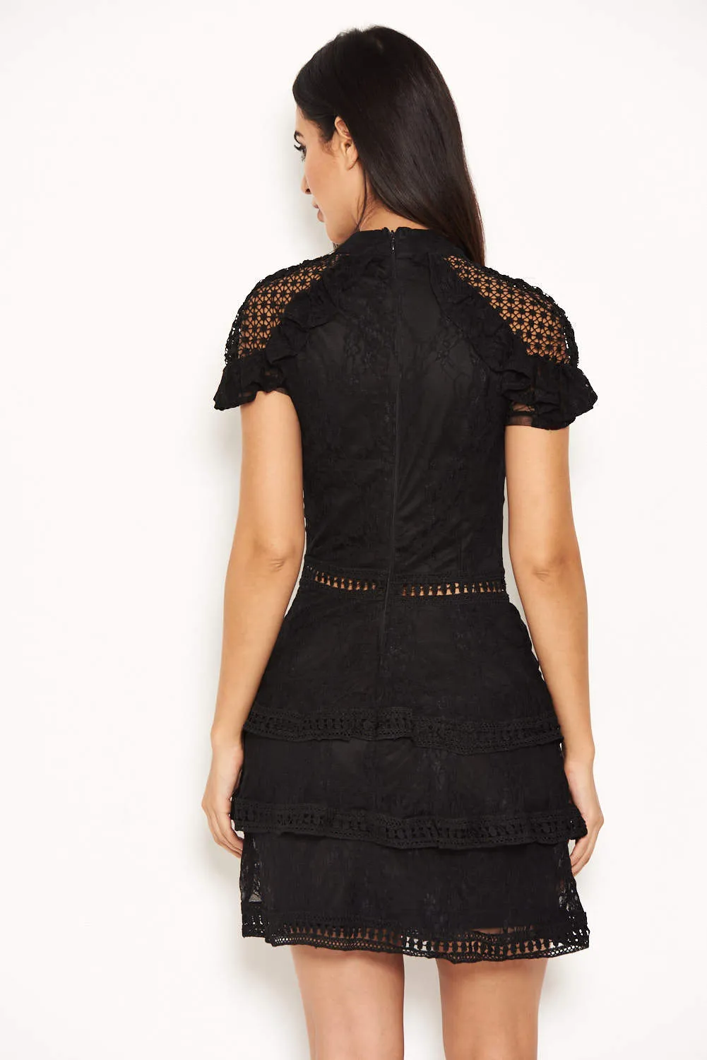 Black High Neck Lace Layer Frill Mini Dress sold by AX Paris product image thumbnail 3